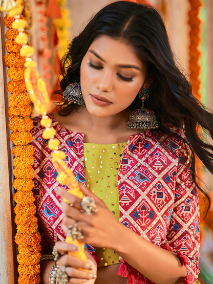Myra Fluorescent Green Maslin Cotton Embroidered Navratri Special Lehenga