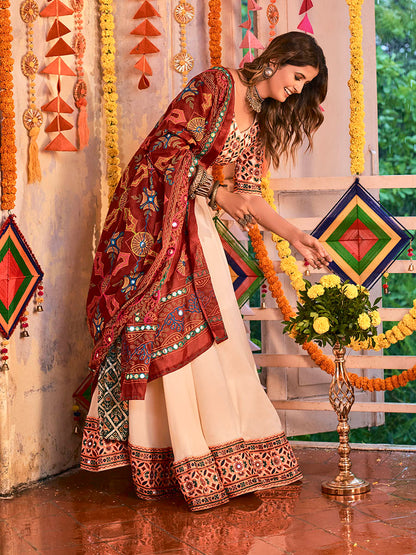 Myra Beige Maslin Cotton Embroidered Navratri Special Lehenga