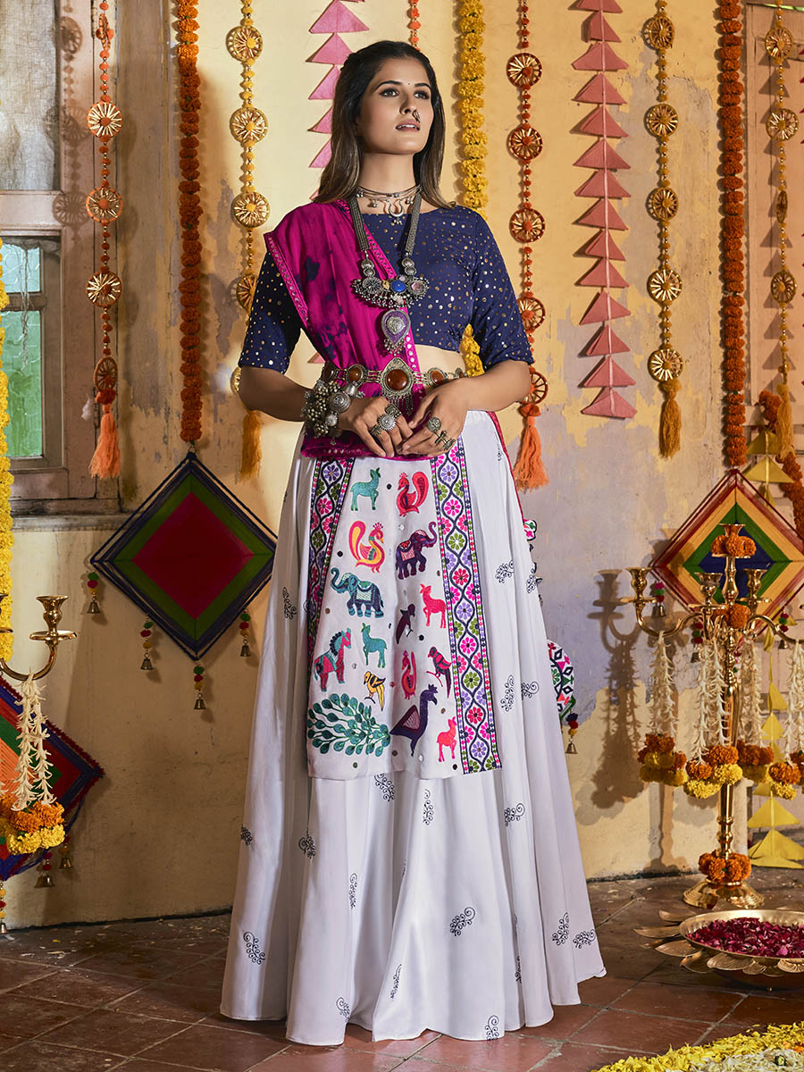 Myra White and Navy blue Maslin Cotton Embroidered Navratri Special Lehenga