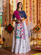 Myra White and Navy blue Maslin Cotton Embroidered Navratri Special Lehenga