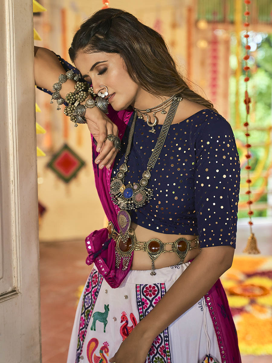 Myra White and Navy blue Maslin Cotton Embroidered Navratri Special Lehenga