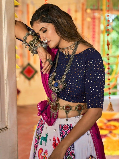 Myra White and Navy blue Maslin Cotton Embroidered Navratri Special Lehenga