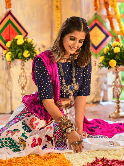 Myra White and Navy blue Maslin Cotton Embroidered Navratri Special Lehenga