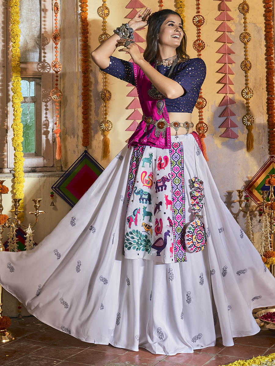 Myra White and Navy blue Maslin Cotton Embroidered Navratri Special Lehenga