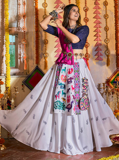 Myra White and Navy blue Maslin Cotton Embroidered Navratri Special Lehenga
