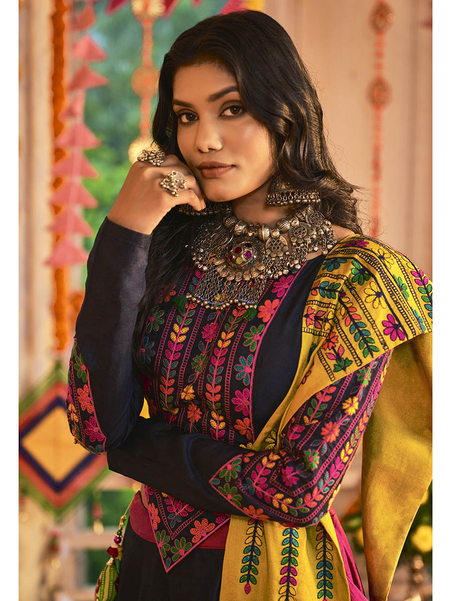 Myra Pink and Navy blue Silk Embroidered Navratri Special Lehenga