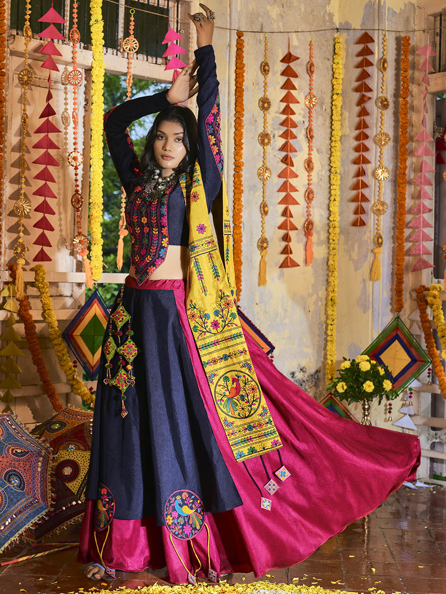 Myra Pink and Navy blue Silk Embroidered Navratri Special Lehenga
