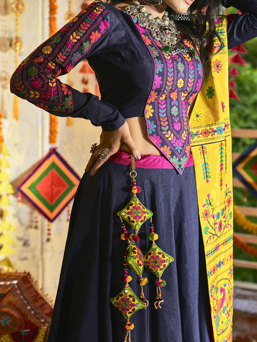 Myra Pink and Navy blue Silk Embroidered Navratri Special Lehenga