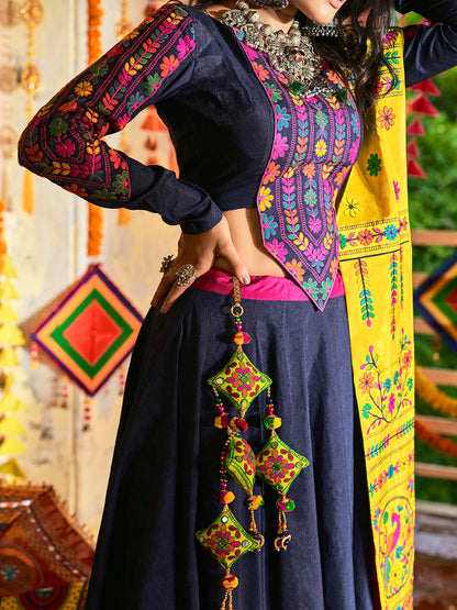 Myra Pink and Navy blue Silk Embroidered Navratri Special Lehenga