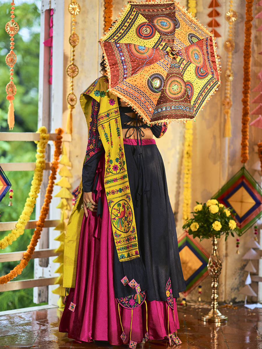 Myra Pink and Navy blue Silk Embroidered Navratri Special Lehenga