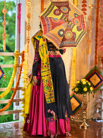 Myra Pink and Navy blue Silk Embroidered Navratri Special Lehenga
