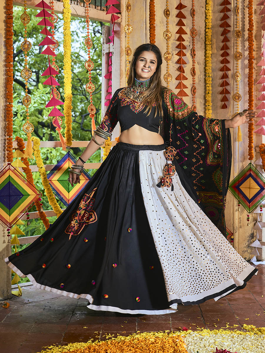 Myra Black and White Maslin Cotton Embroidered Navratri Special Lehenga