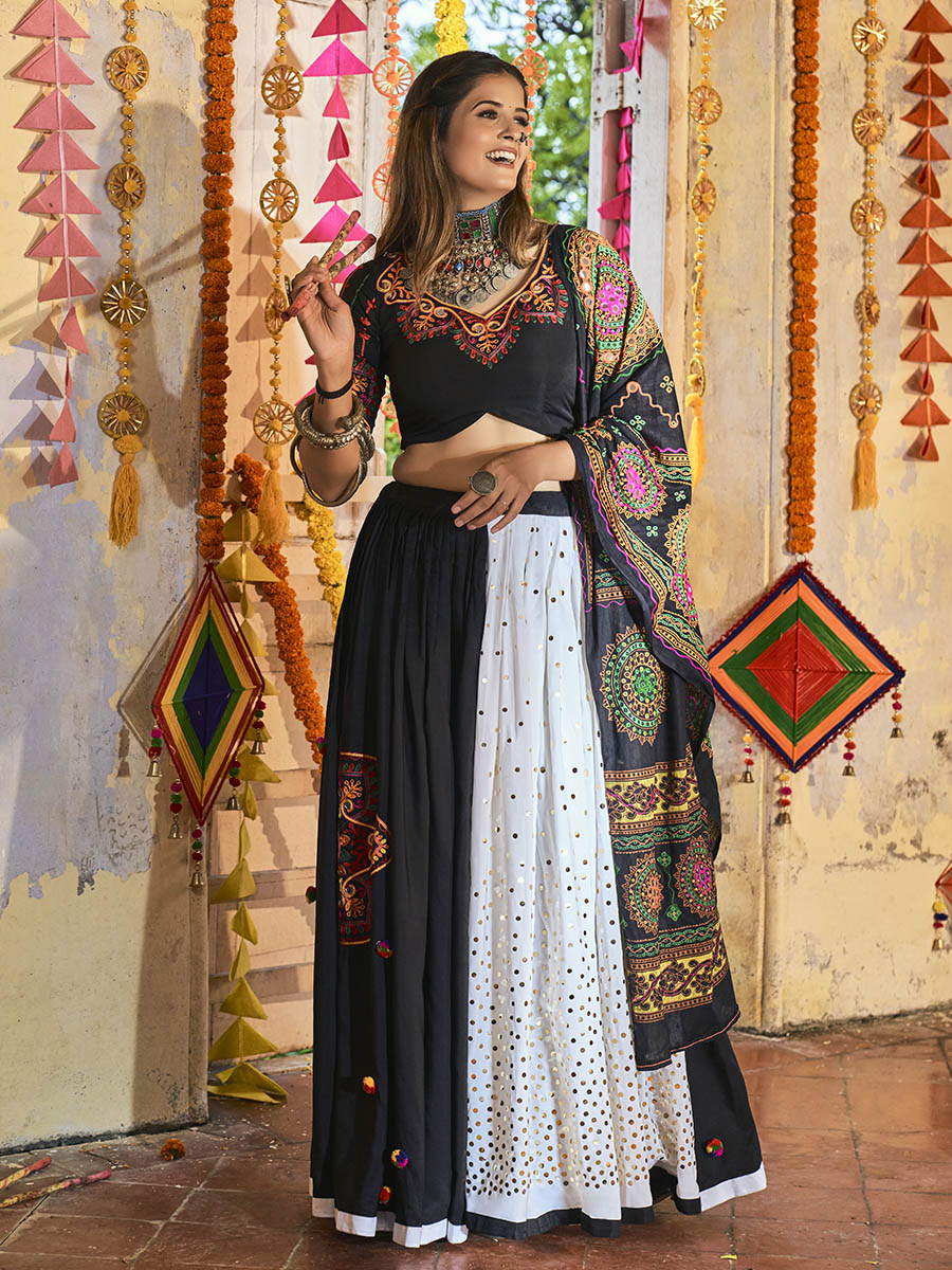 Myra Black and White Maslin Cotton Embroidered Navratri Special Lehenga