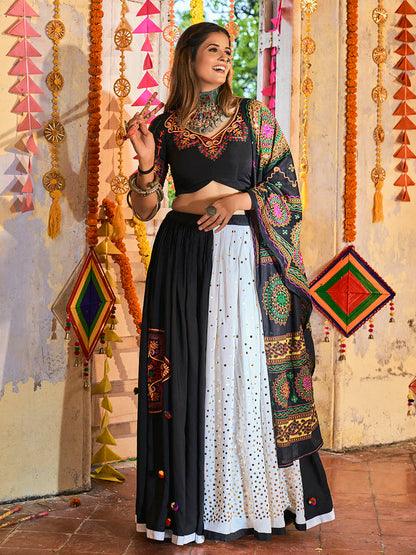Myra Black and White Maslin Cotton Embroidered Navratri Special Lehenga