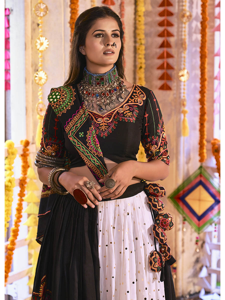 Myra Black and White Maslin Cotton Embroidered Navratri Special Lehenga