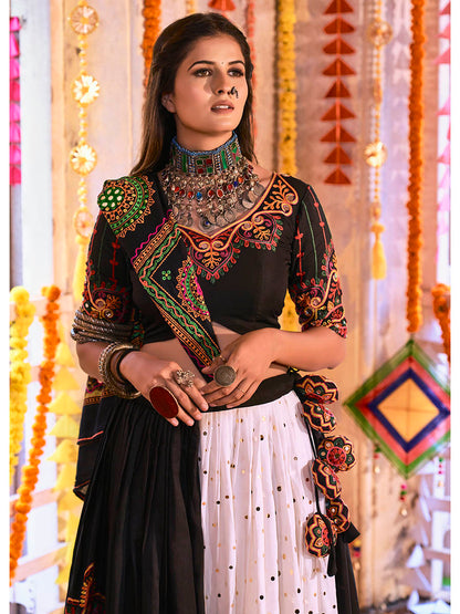 Myra Black and White Maslin Cotton Embroidered Navratri Special Lehenga
