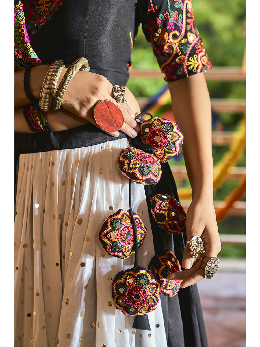Myra Black and White Maslin Cotton Embroidered Navratri Special Lehenga
