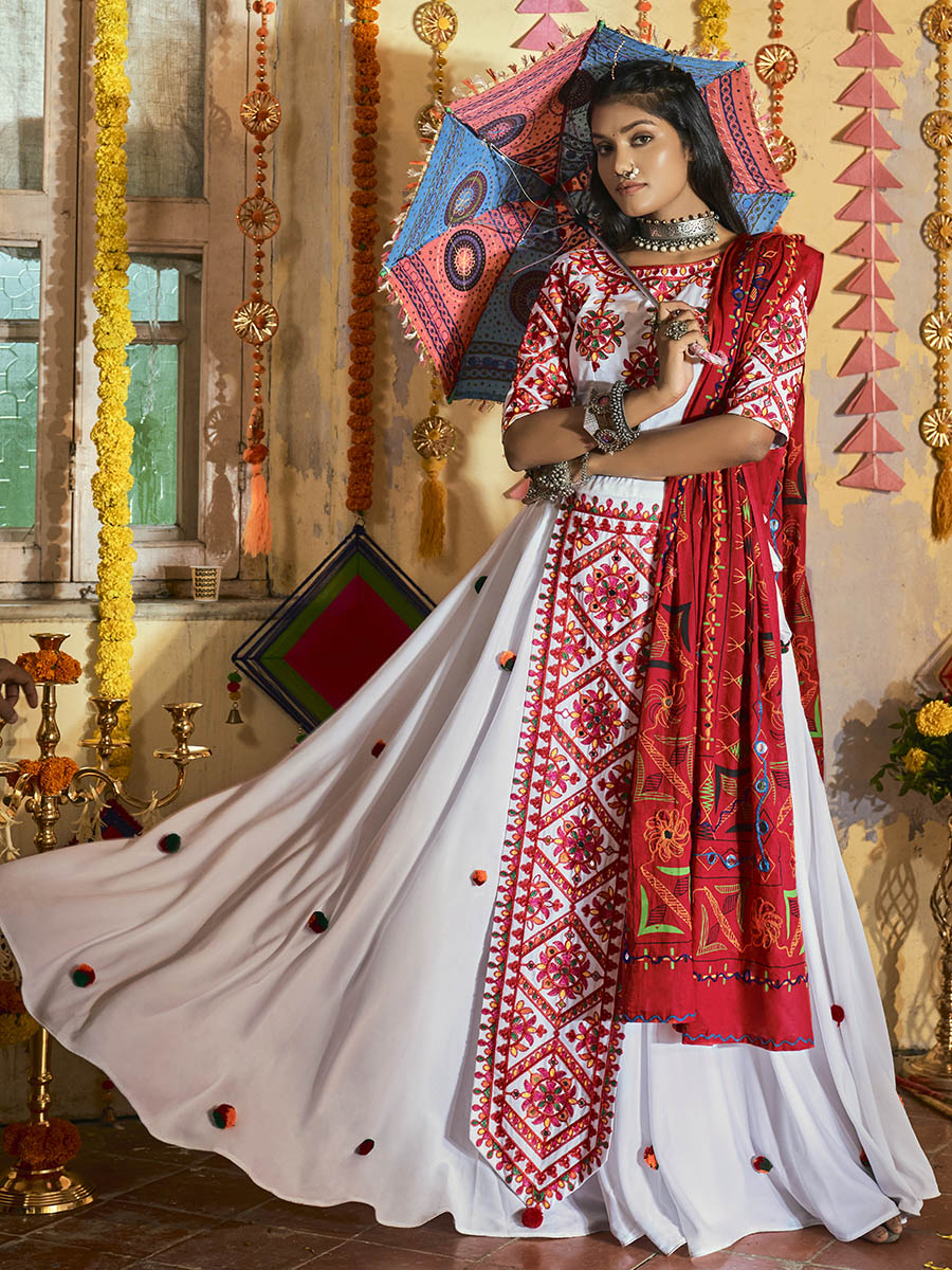 Myra White Maslin Cotton Embroidered Navratri Special Lehenga