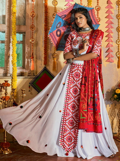 Myra White Maslin Cotton Embroidered Navratri Special Lehenga