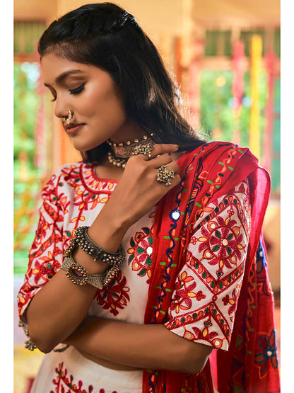 Myra White Maslin Cotton Embroidered Navratri Special Lehenga