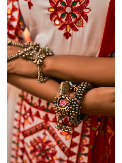 Myra White Maslin Cotton Embroidered Navratri Special Lehenga