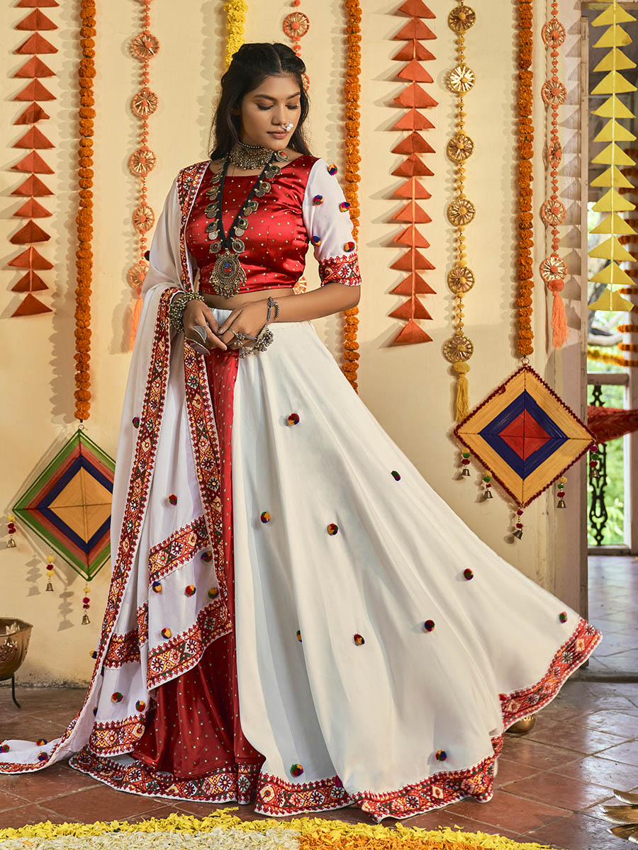 Myra White and Red Maslin Cotton Embroidered Navratri Special Lehenga