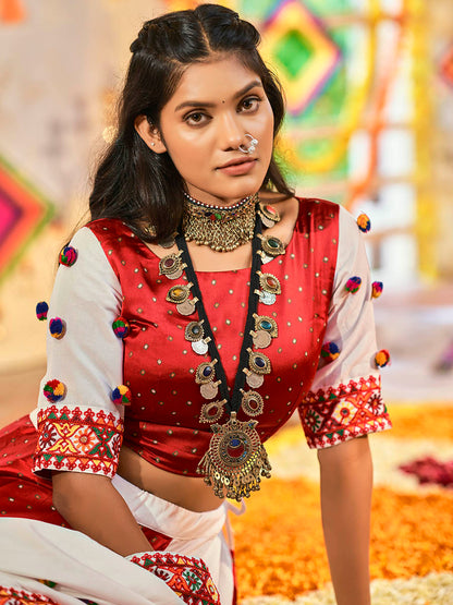 Myra White and Red Maslin Cotton Embroidered Navratri Special Lehenga