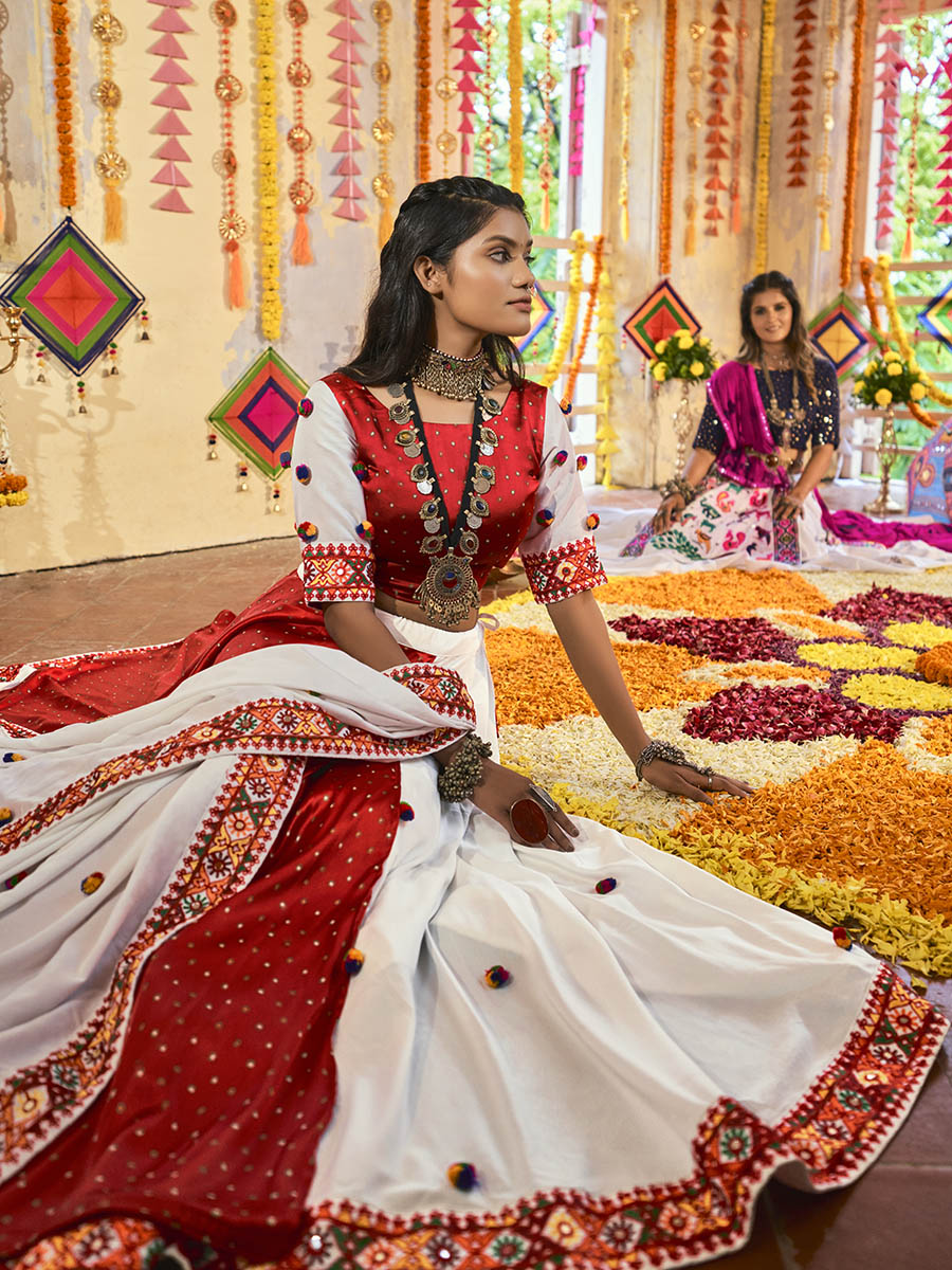 Myra White and Red Maslin Cotton Embroidered Navratri Special Lehenga