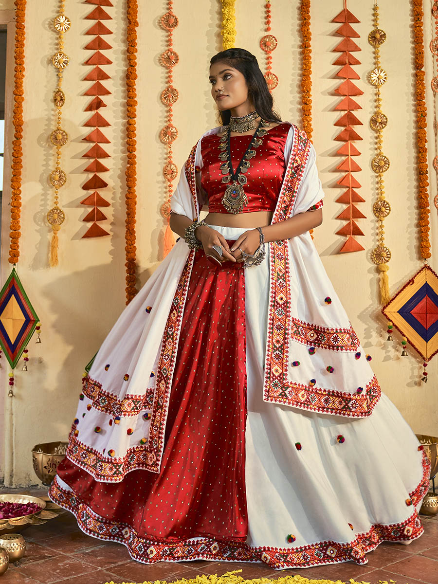 Myra White and Red Maslin Cotton Embroidered Navratri Special Lehenga