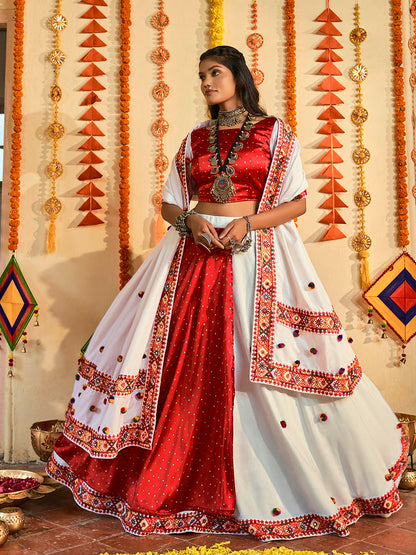 Myra White and Red Maslin Cotton Embroidered Navratri Special Lehenga