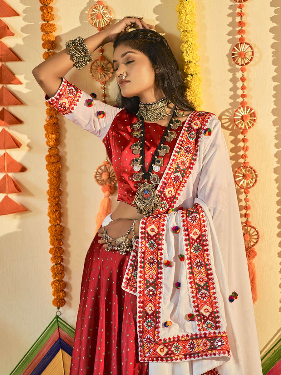 Myra White and Red Maslin Cotton Embroidered Navratri Special Lehenga