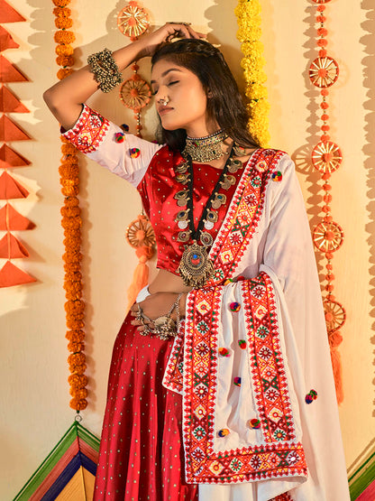 Myra White and Red Maslin Cotton Embroidered Navratri Special Lehenga