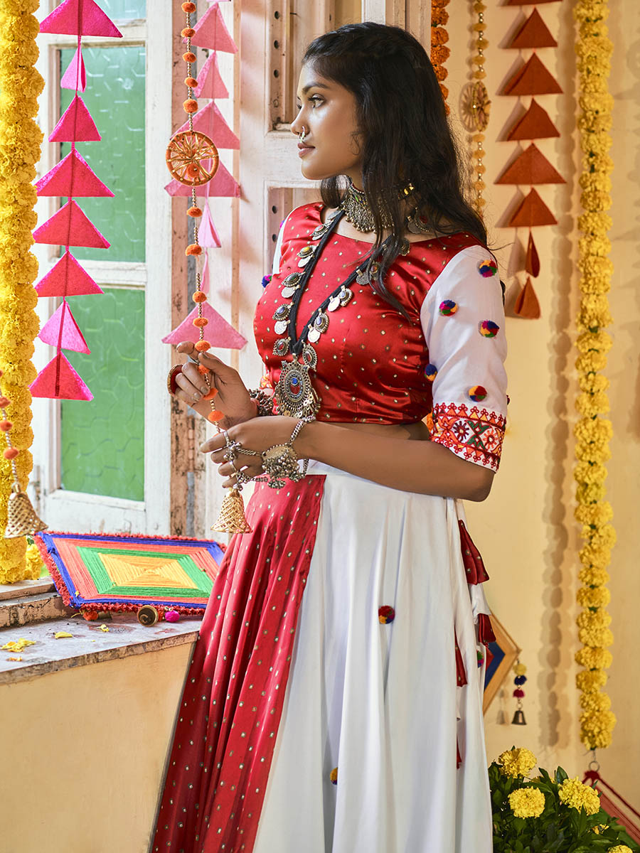 Myra White and Red Maslin Cotton Embroidered Navratri Special Lehenga