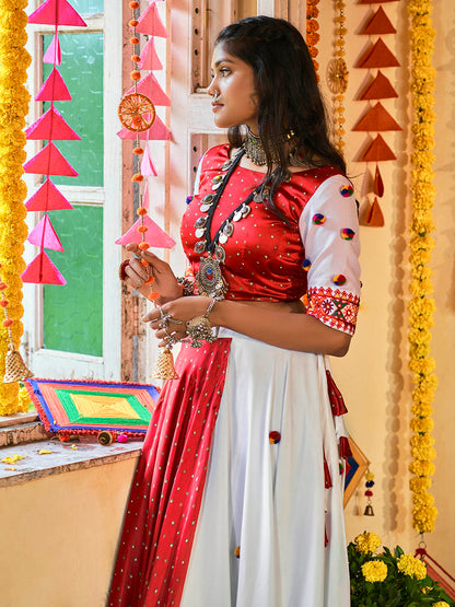 Myra White and Red Maslin Cotton Embroidered Navratri Special Lehenga