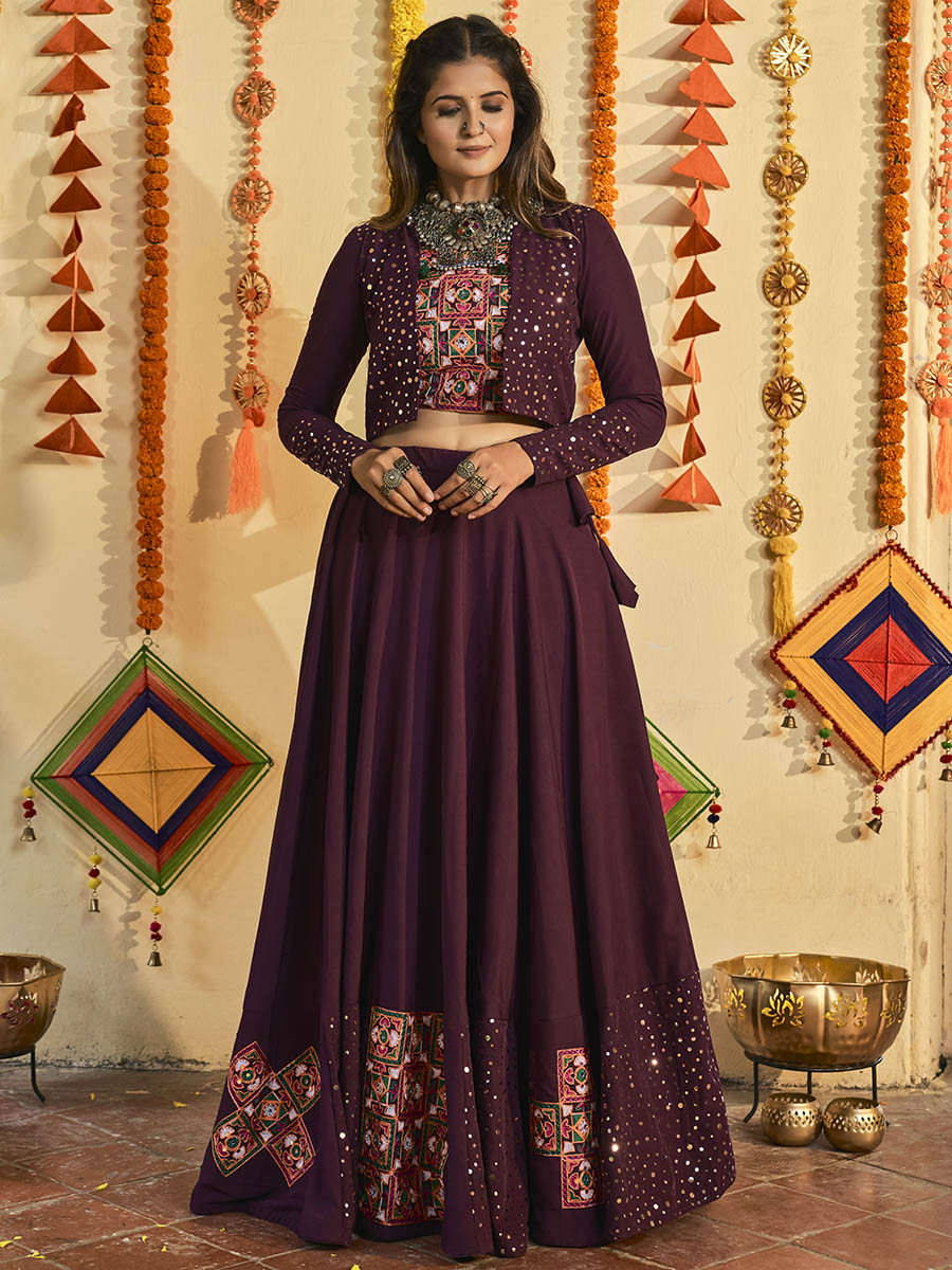 Myra Purple White and Red Maslin Cotton Embroidered Navratri Special Lehenga