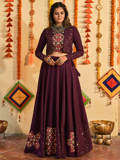 Myra Purple White and Red Maslin Cotton Embroidered Navratri Special Lehenga