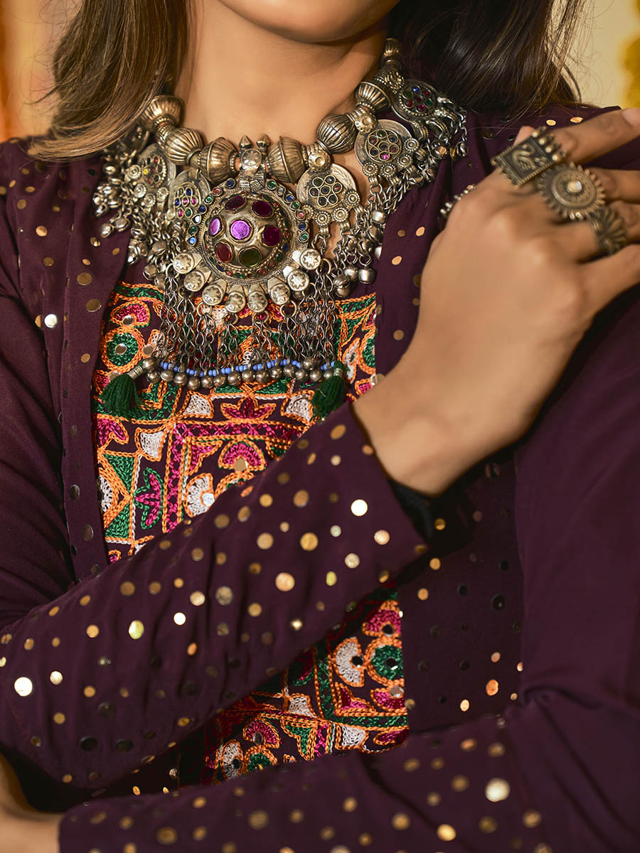 Myra Purple White and Red Maslin Cotton Embroidered Navratri Special Lehenga