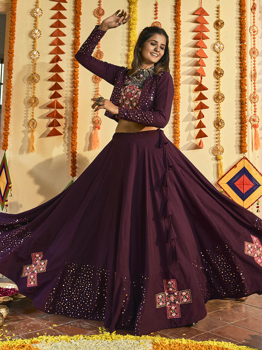 Myra Purple White and Red Maslin Cotton Embroidered Navratri Special Lehenga