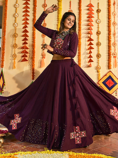 Myra Purple White and Red Maslin Cotton Embroidered Navratri Special Lehenga