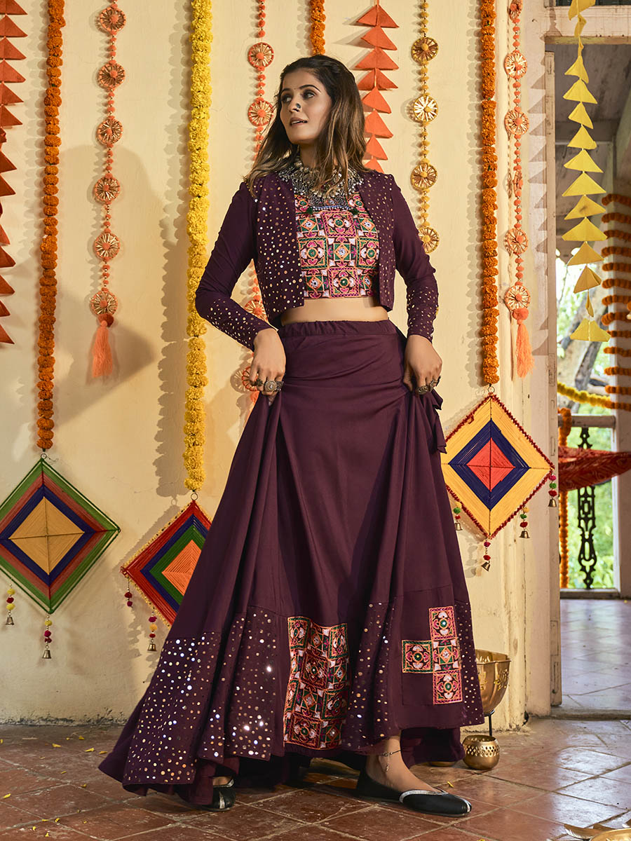 Myra Purple White and Red Maslin Cotton Embroidered Navratri Special Lehenga