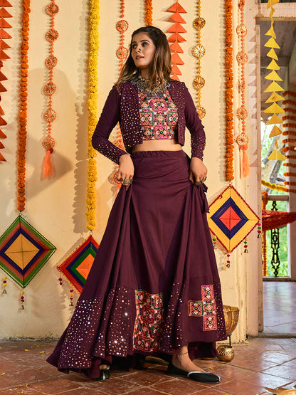Myra Purple White and Red Maslin Cotton Embroidered Navratri Special Lehenga