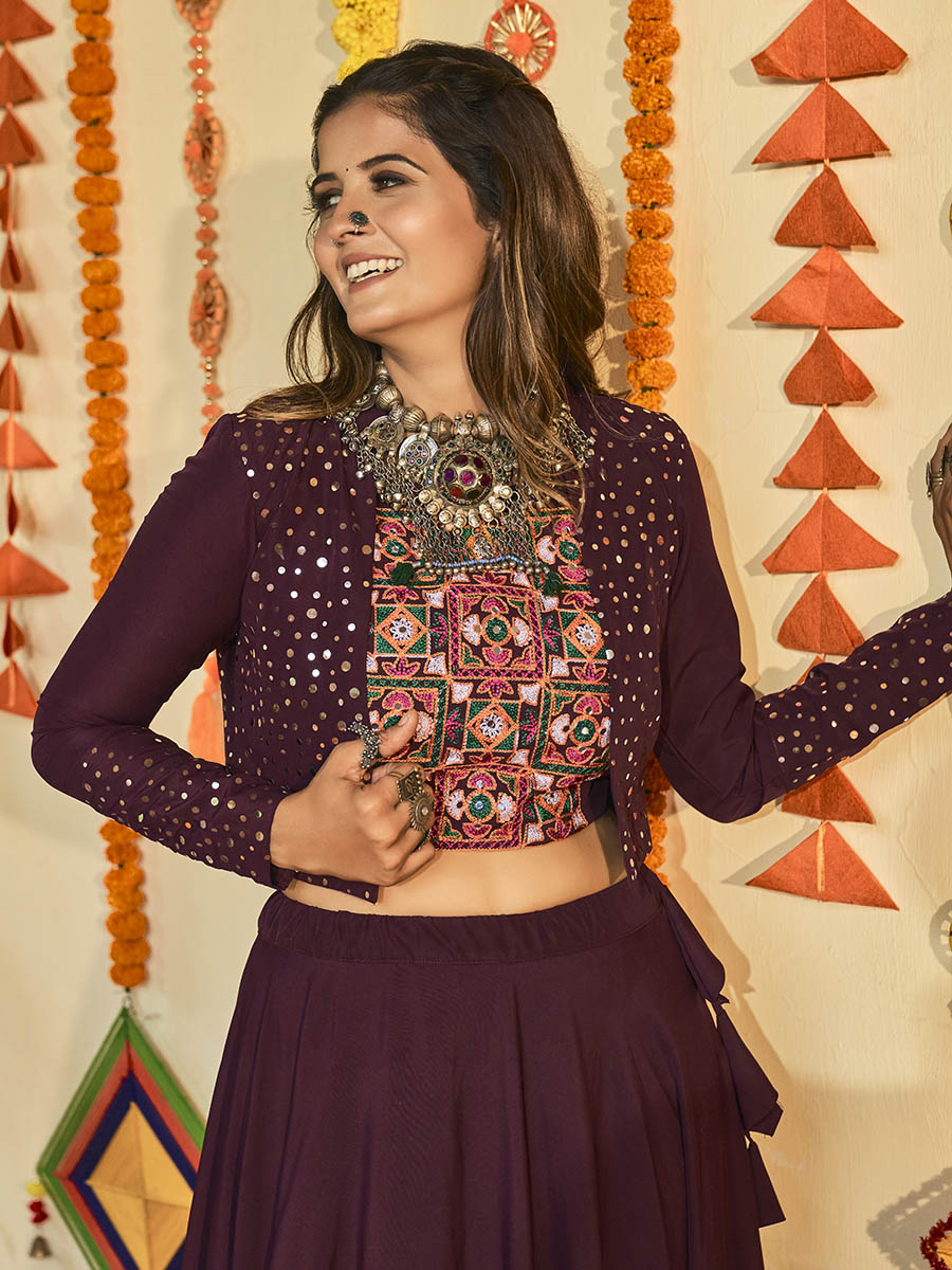 Myra Purple White and Red Maslin Cotton Embroidered Navratri Special Lehenga