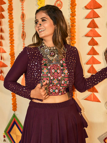 Myra Purple White and Red Maslin Cotton Embroidered Navratri Special Lehenga