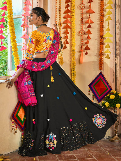Myra Black and Mustard Yellow Maslin Cotton Embroidered Navratri Special Lehenga