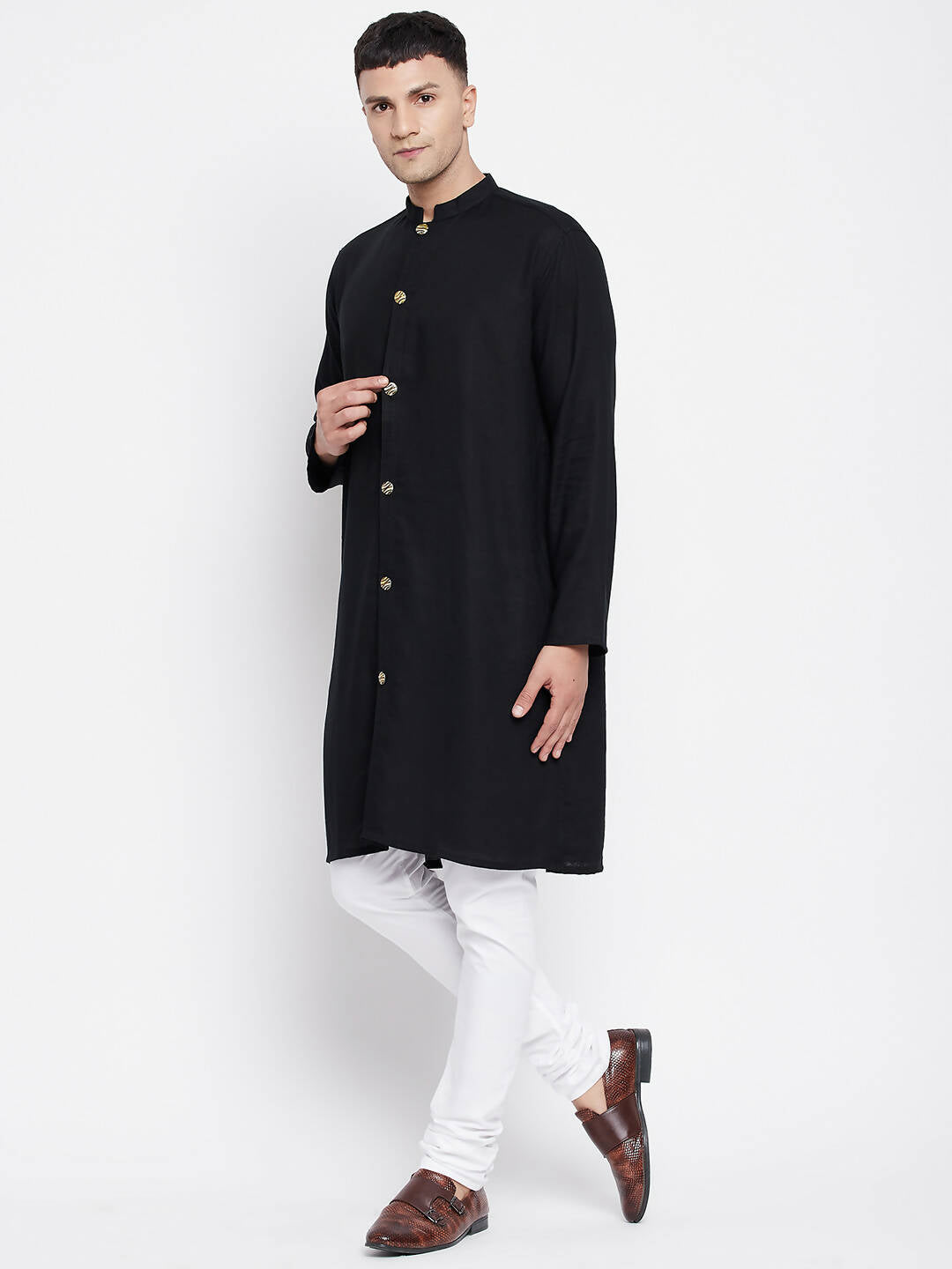 Even Apparels Black Pure Cotton Men's Sherwani Kurta With Open Front