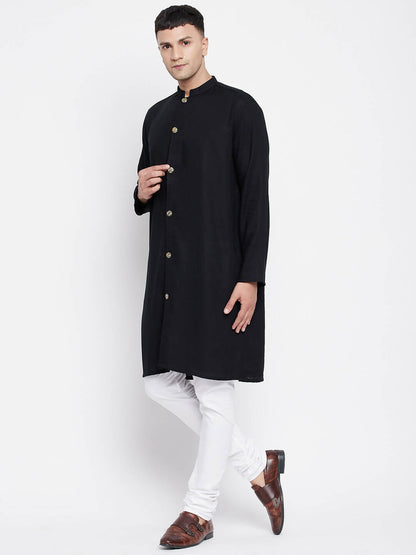 Even Apparels Black Pure Cotton Men's Sherwani Kurta With Open Front
