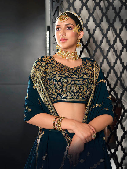 Myra Teal Blue Georgette Embroidered Designer Lehenga