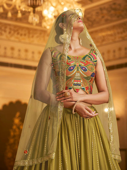 Myra Folurecent Green Gorgette Embroidered Designer Lehenga Choli
