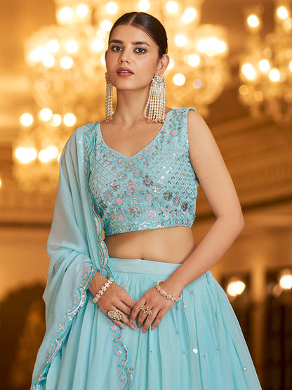 Myra Sky Gorgette Embroidered Designer Lehenga Choli