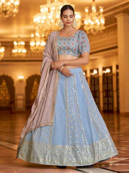 Myra Sky & Dusty Pink Gorgette Embroidered Designer Lehenga Choli